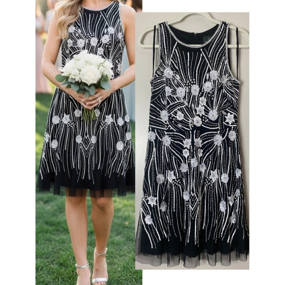 Adrianna Papell Dress 8 Black White Sequin Beaded 3D Floral Wedding Cocktail